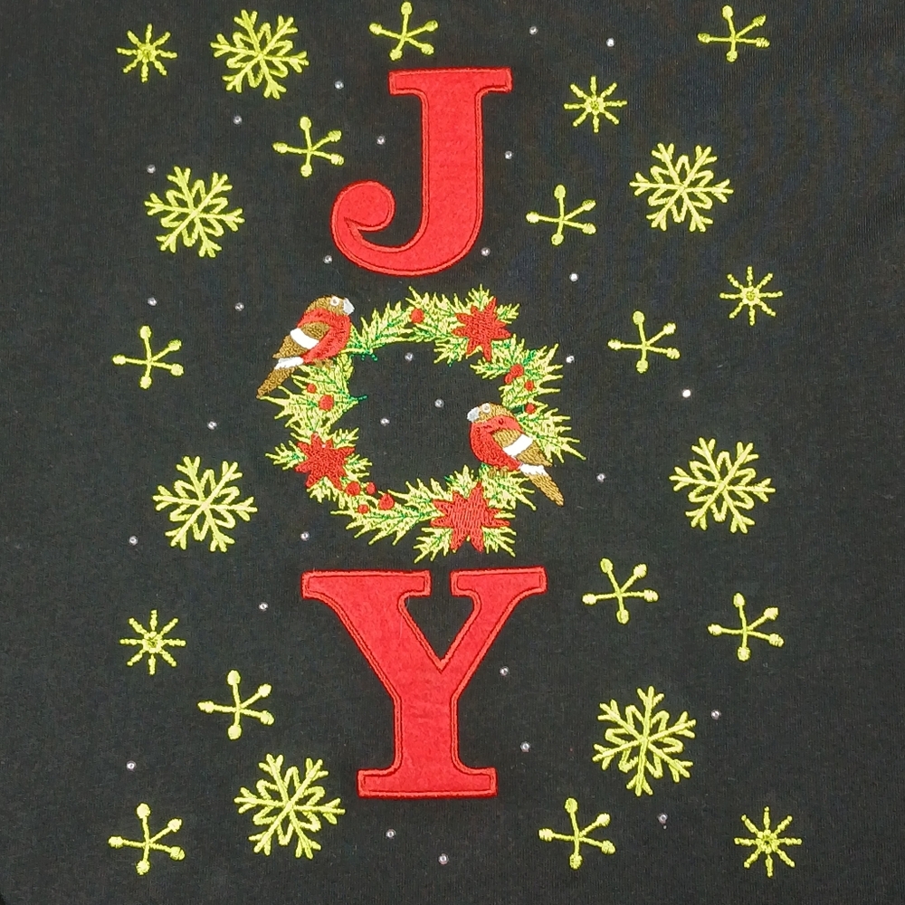 Women's 1X Long-Sleeve Tunic Christmas Embroidered JOY Wreath Birds Black Shirt